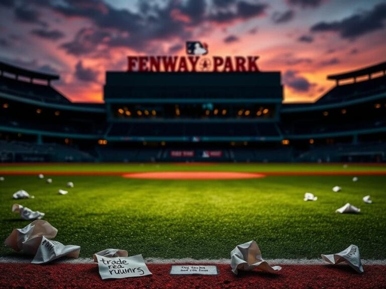 Flick International Dramatic twilight baseball field with empty bleachers and scattered trade rumor papers