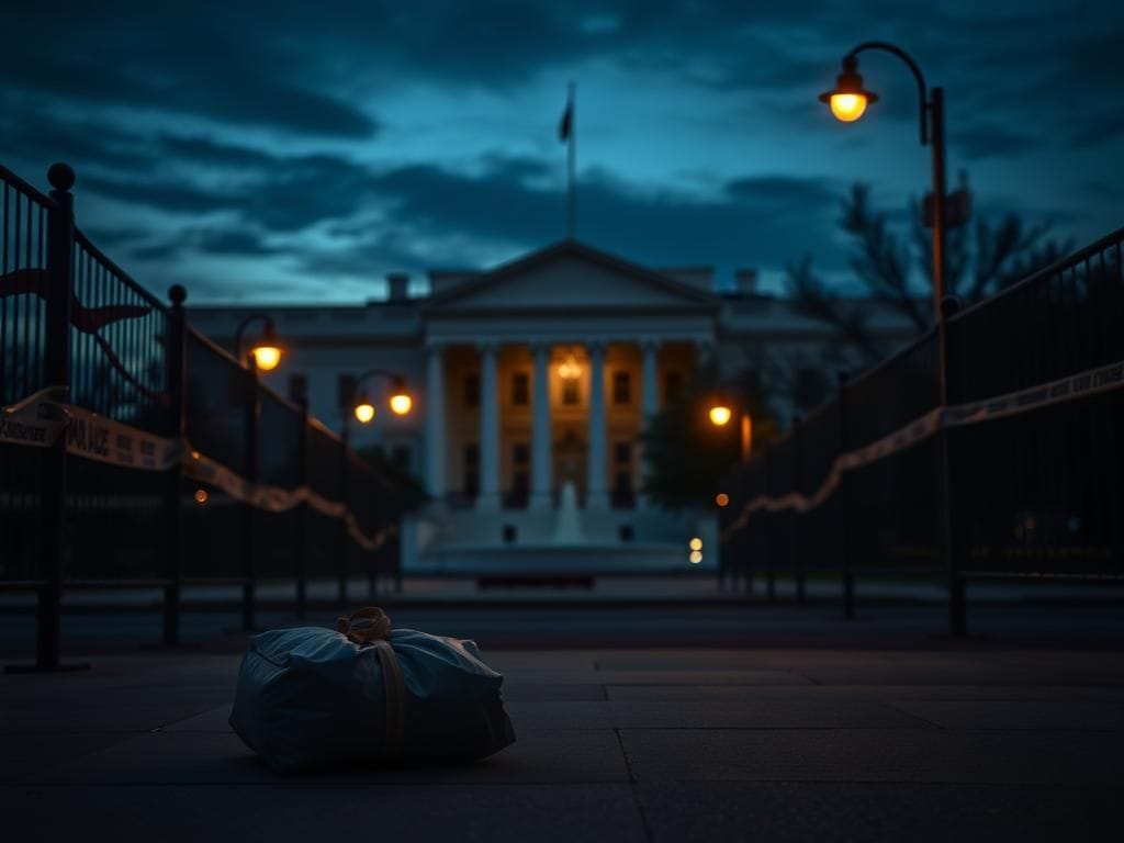 Flick International A dramatic view of the U.S. Treasury Building at dusk with abandoned bag