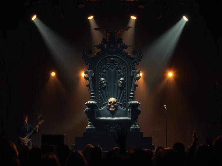 Flick International Dimly lit stage with a grand black throne draped in skull motifs for Ozzy Osbourne's final show