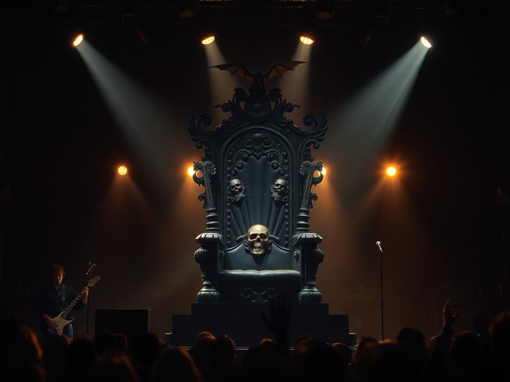 Flick International Dimly lit stage with a grand black throne draped in skull motifs for Ozzy Osbourne's final show