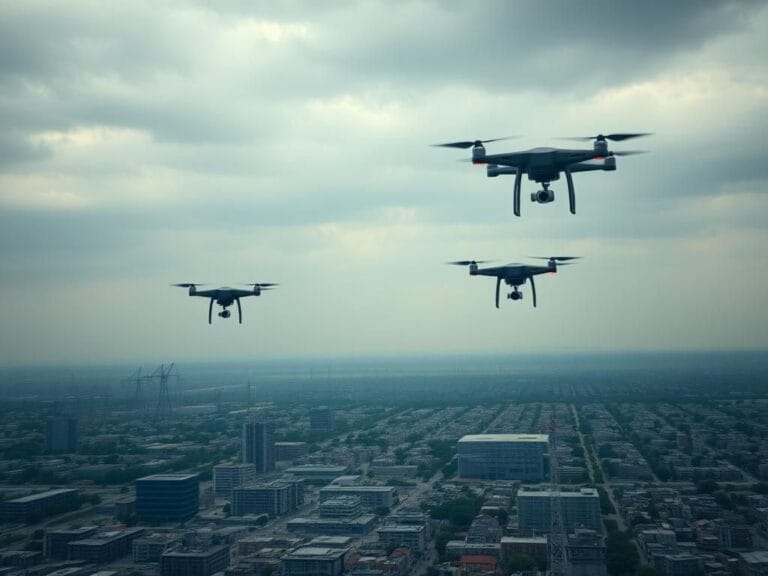 Flick International A digital representation of drones flying over a sprawling urban landscape with critical infrastructure