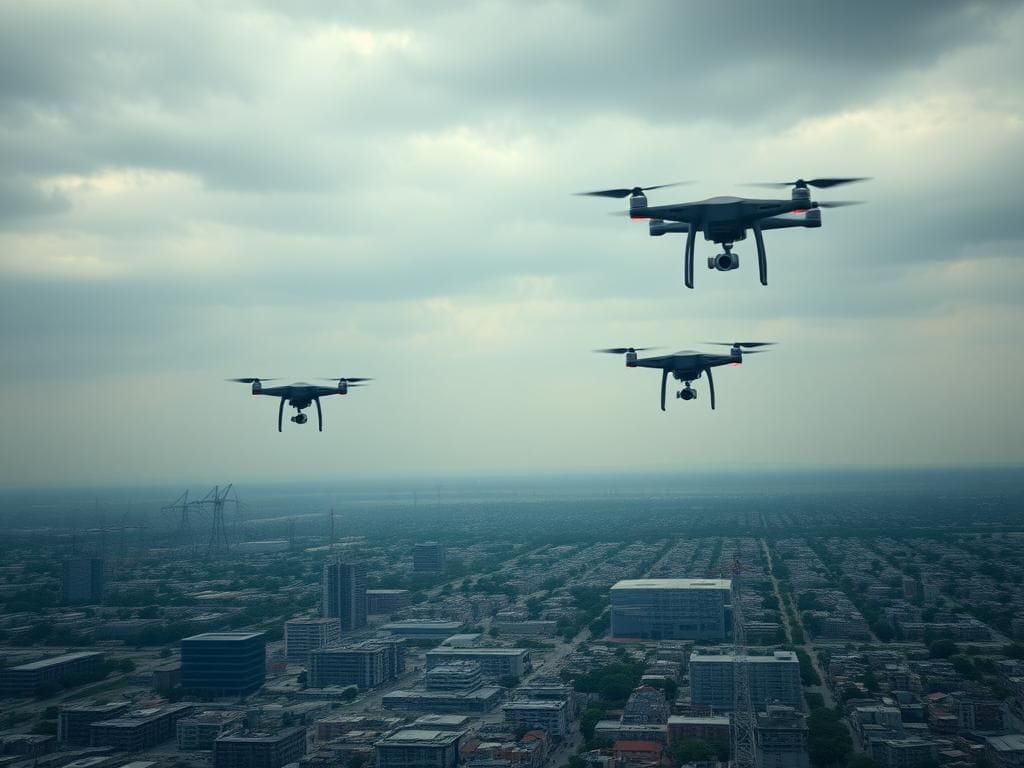 Flick International A digital representation of drones flying over a sprawling urban landscape with critical infrastructure