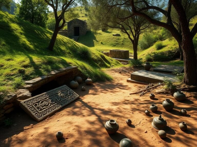 Flick International A serene burial site with an intricately carved stone slab marking the entrance to a 2,600-year-old tomb.