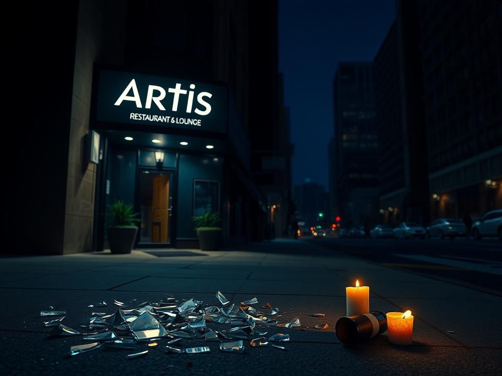 Flick International Nighttime urban scene of Artis Restaurant and Lounge in Chicago, showing shattered glass on the pavement