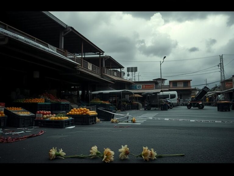 Flick International empty market in Bangkok with overturned produce stands after a mass shooting incident