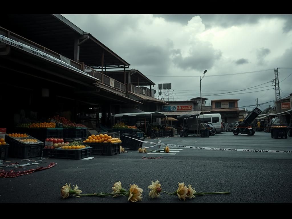 Flick International empty market in Bangkok with overturned produce stands after a mass shooting incident