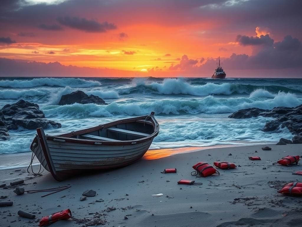 Flick International Dramatic coastal scene depicting turbulent ocean waters and a partially submerged abandoned boat symbolizing illegal immigration