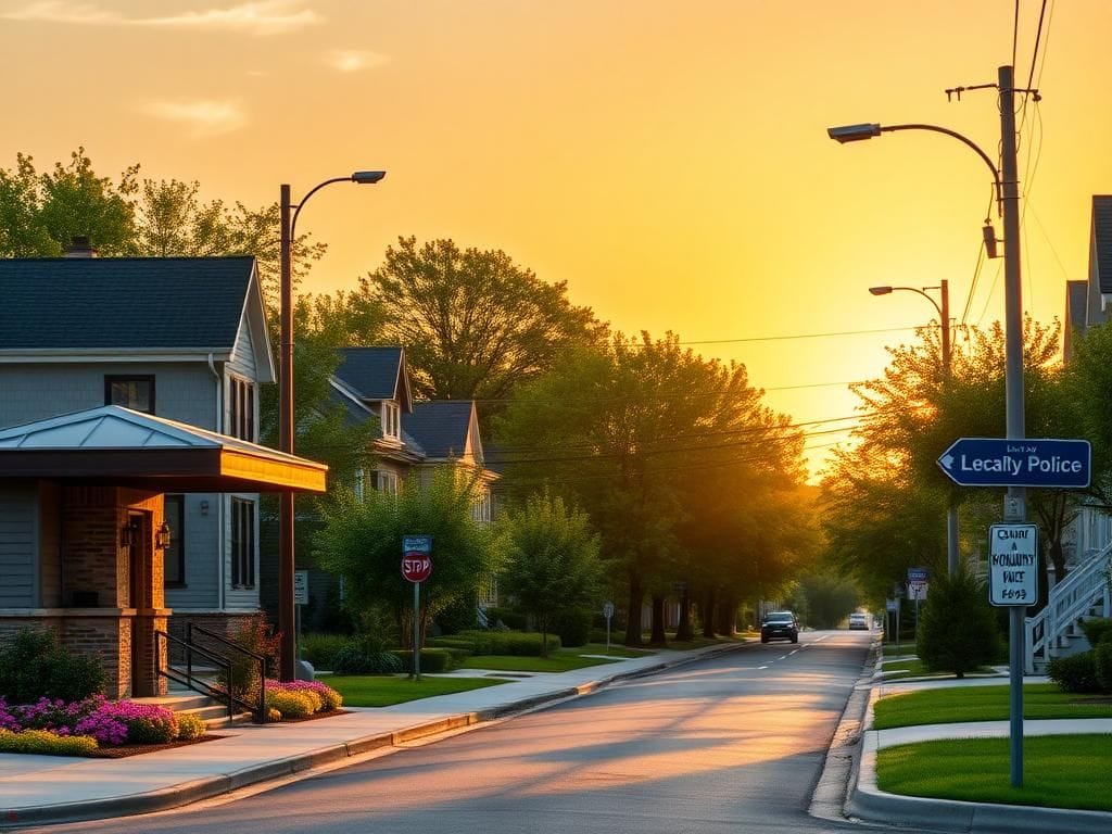 Flick International Serene urban landscape at sunrise showcasing a quiet American neighborhood with lush green parks and well-maintained homes.