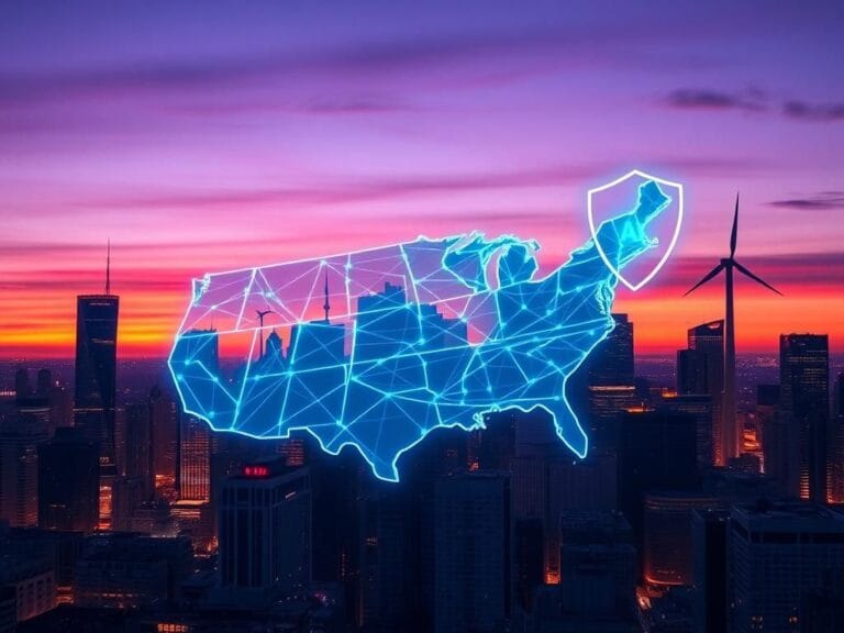 Flick International Futuristic city skyline at dusk with digital map illustrating AI infrastructure