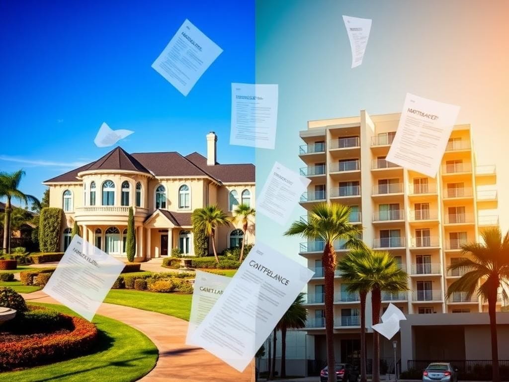 Flick International Split-scene image showcasing a luxurious Maryland home and a modern California condominium, symbolizing wealth and privilege