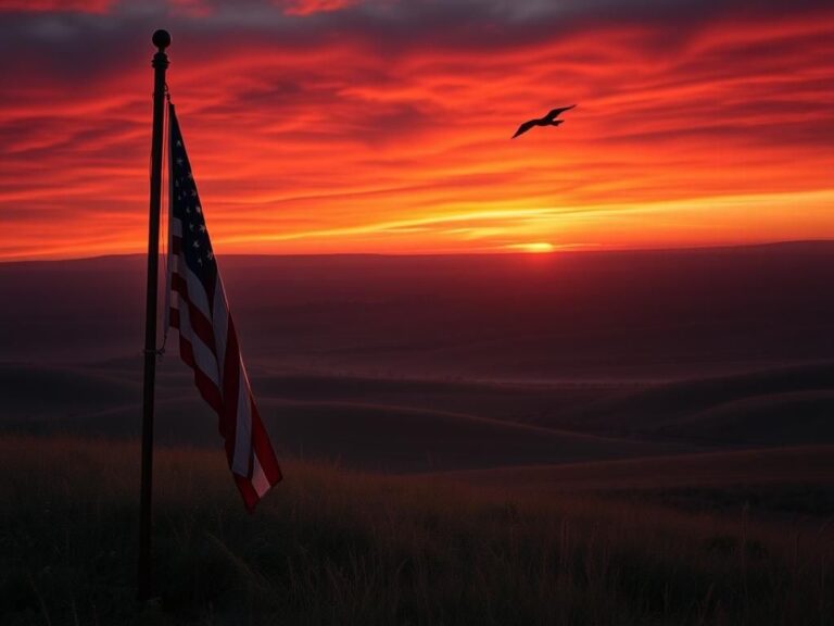 Flick International A dramatic sunset over an American landscape with an old flag symbolizing patriotism and hope