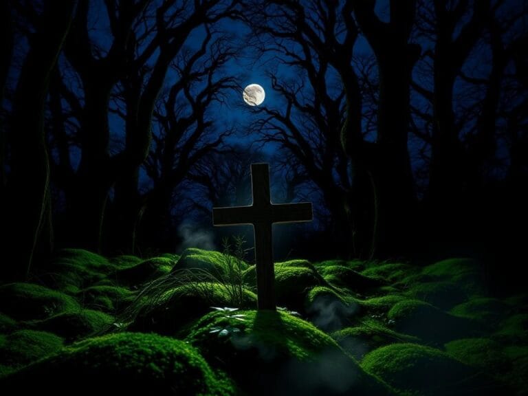 Flick International A serene dark forest at dusk with a rustic wooden cross symbolizing hope amidst darkness.