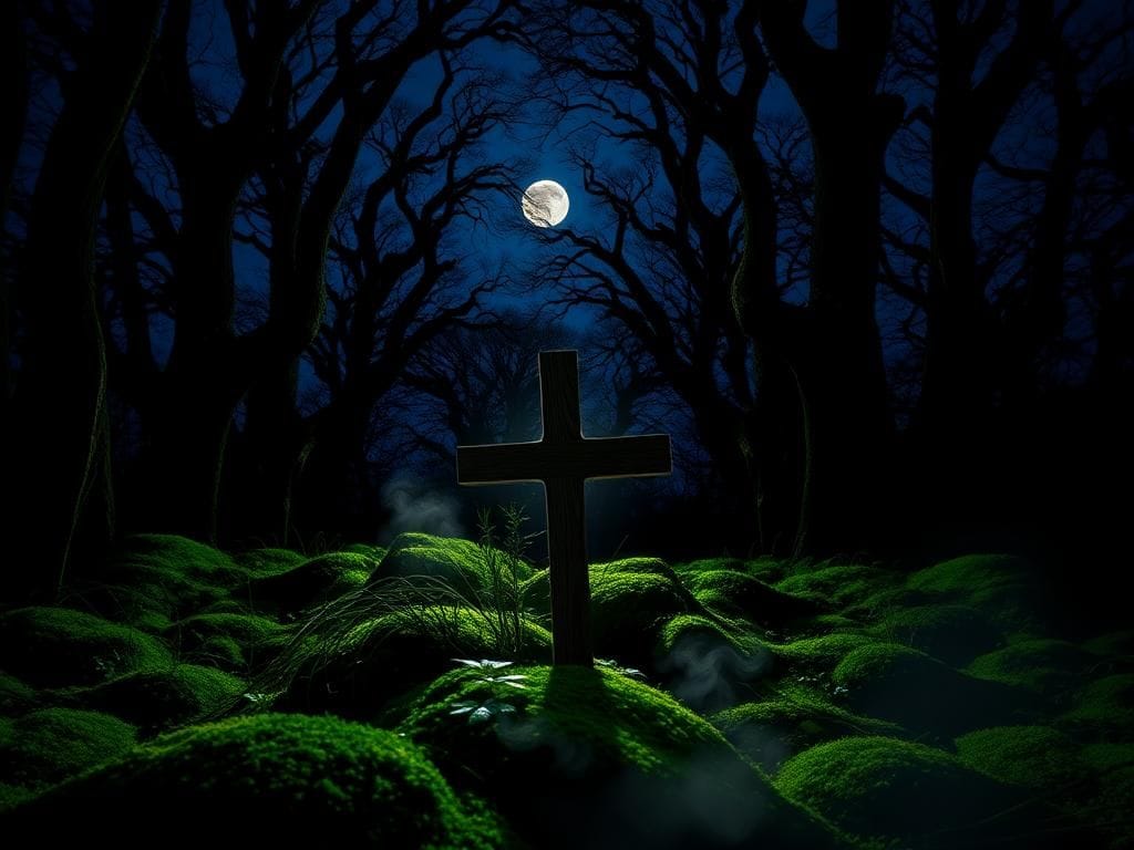 Flick International A serene dark forest at dusk with a rustic wooden cross symbolizing hope amidst darkness.