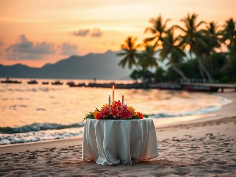 Flick International A serene seaside landscape at sunset with a romantic table for two