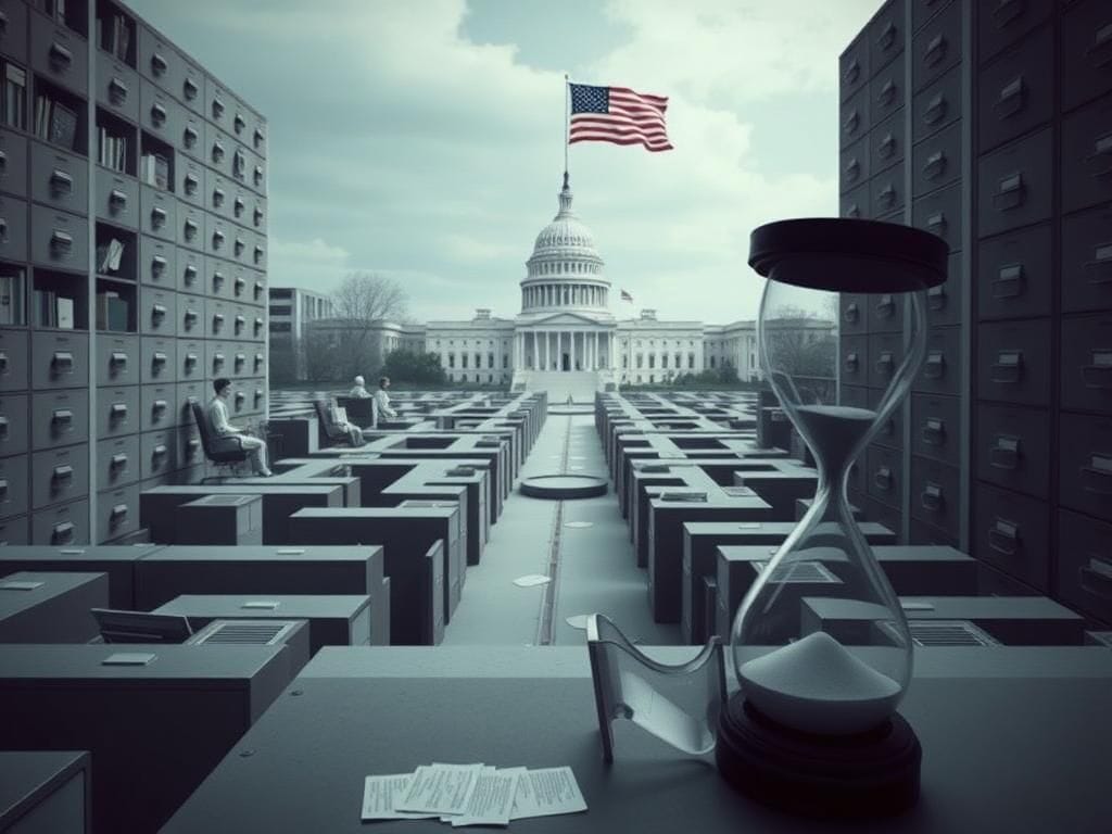 Flick International A conceptual maze representing bureaucracy with faded government buildings in the background