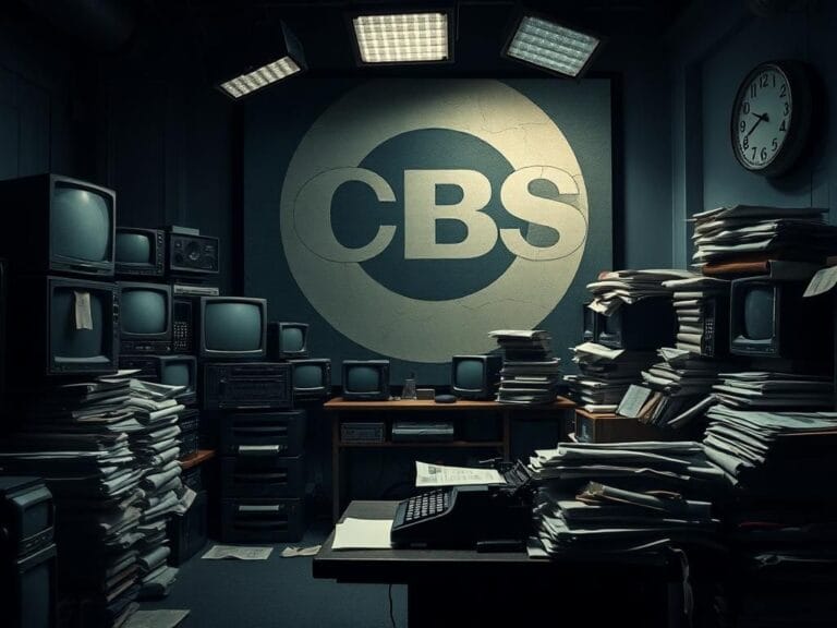 Flick International Dimly lit newsroom with vintage TV equipment symbolizing the decline of journalism