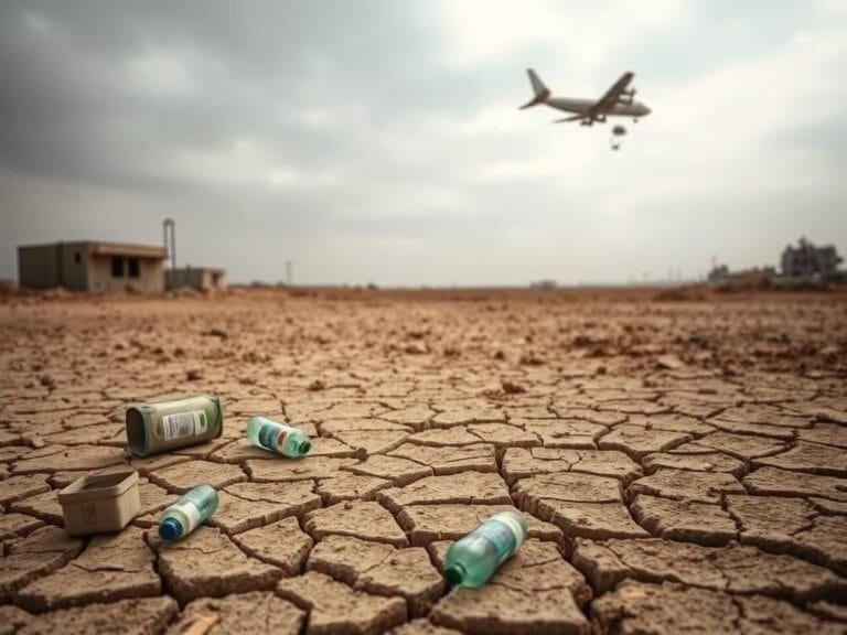 Flick International A desolate landscape of Gaza with empty food containers and military aircraft delivering aid supplies.