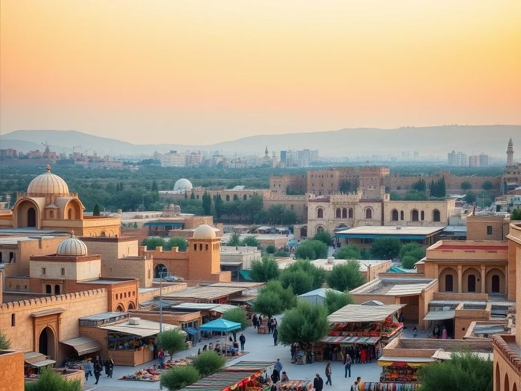 Flick International Panoramic view of the Middle East landscape at dawn showcasing ancient architecture and modern infrastructure