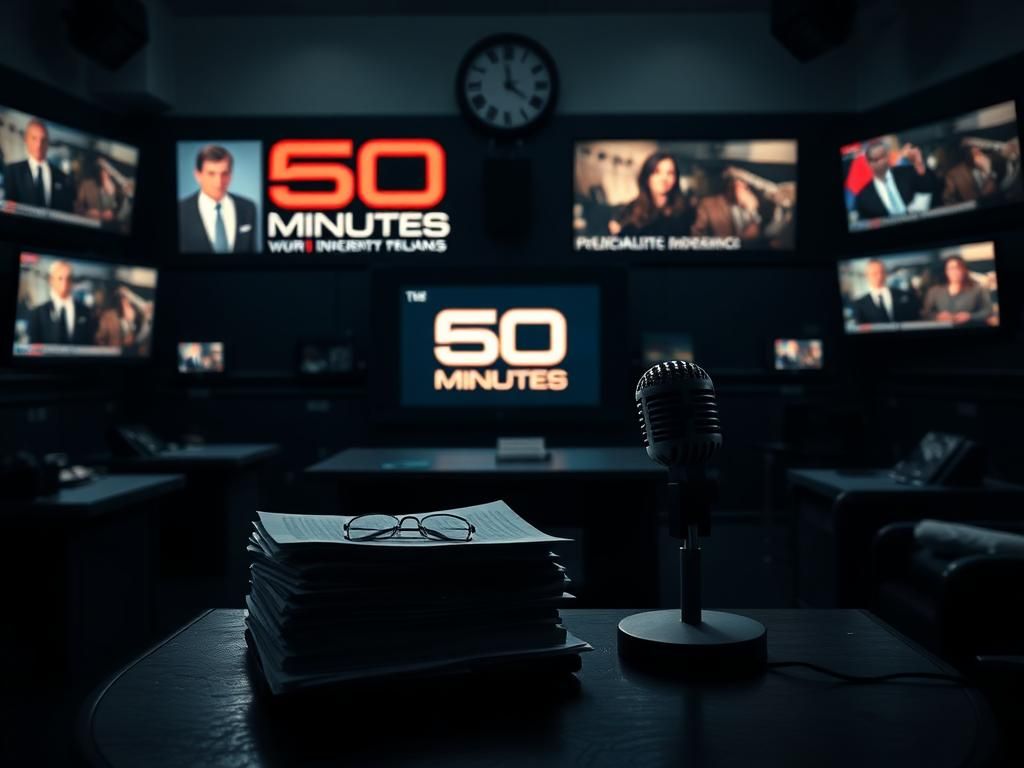 Flick International Dimly lit newsroom with '60 Minutes' logo on TV and documents on a desk