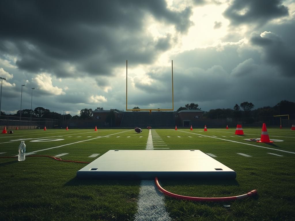 Flick International A dramatic scene of a football training camp with disturbed turf, indicating recent player collision