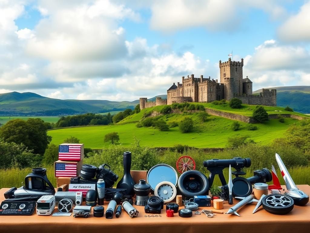 Flick International Scenic view of a lush green landscape in Scotland with a historic castle and trade goods