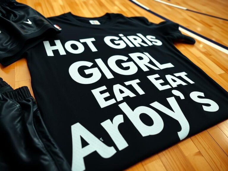 Flick International Close-up of a stylish black T-shirt with 'Hot Girls Eat Arby’s' text on a basketball court