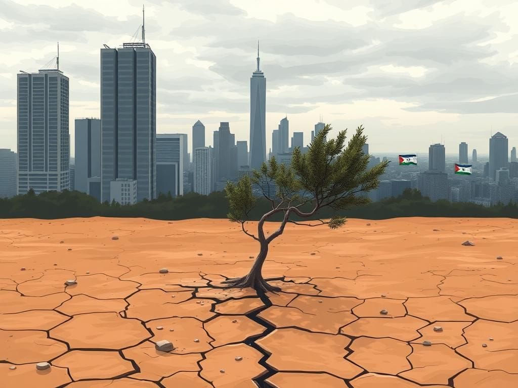 Flick International Fractured olive tree in a barren landscape symbolizing the Palestinian statehood conflict