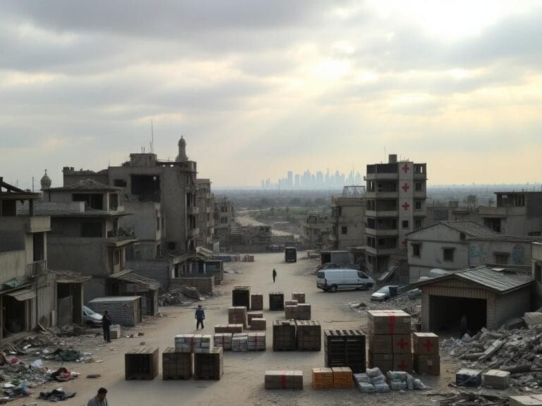 Flick International Desolate urban landscape in Gaza with heavily damaged buildings and makeshift humanitarian aid center.