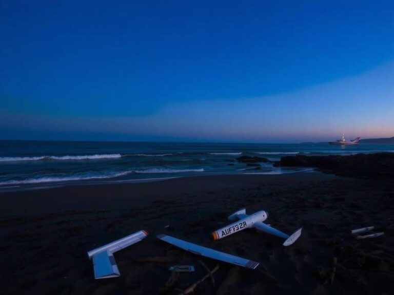 Flick International Debris from a small airplane scattered on the sandy shoreline of the California coast