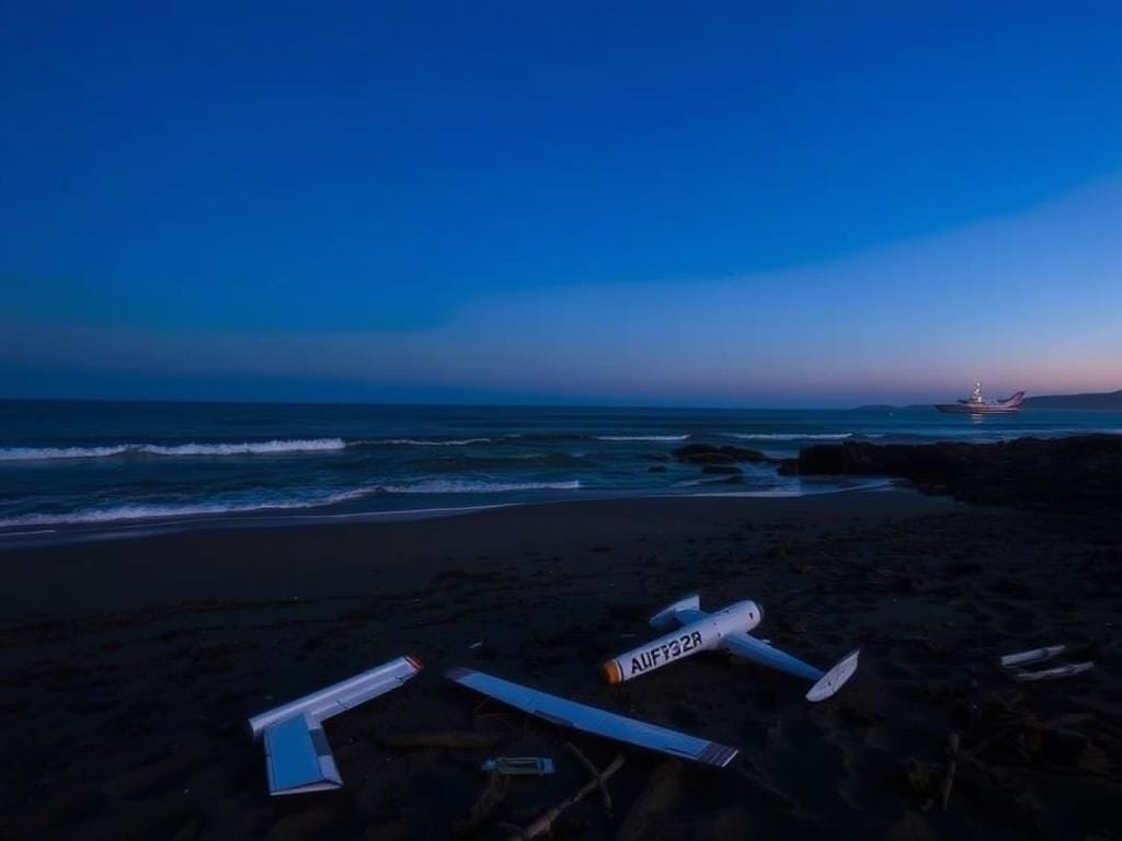 Flick International Debris from a small airplane scattered on the sandy shoreline of the California coast
