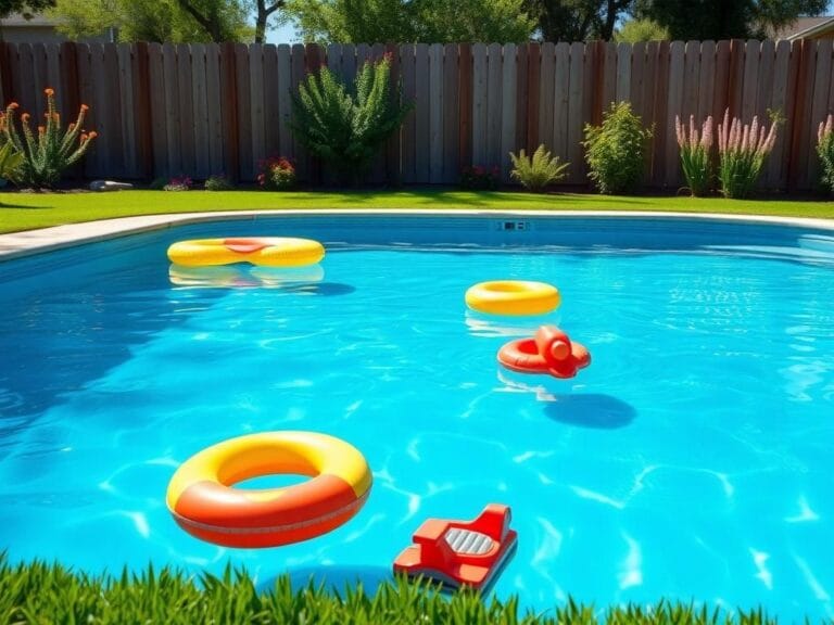 Flick International A serene backyard scene with a swimming pool reflecting the sky and playful pool toys hinting at childhood innocence.