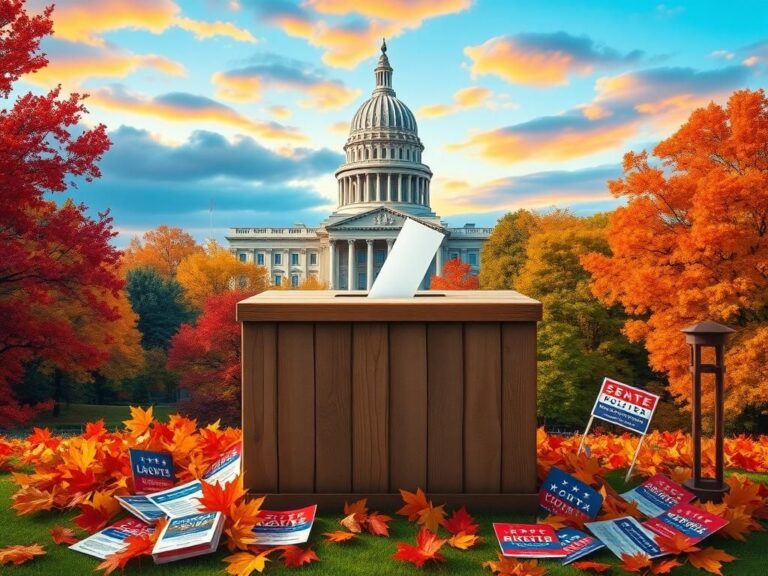 Flick International A weathered wooden ballot box surrounded by autumn leaves, symbolizing the upcoming Senate election in North Carolina.