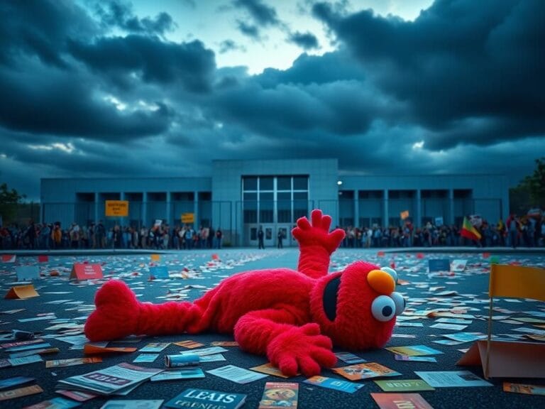 Flick International A person in a full-size Elmo costume lying on the pavement near a Portland detention facility during a protest