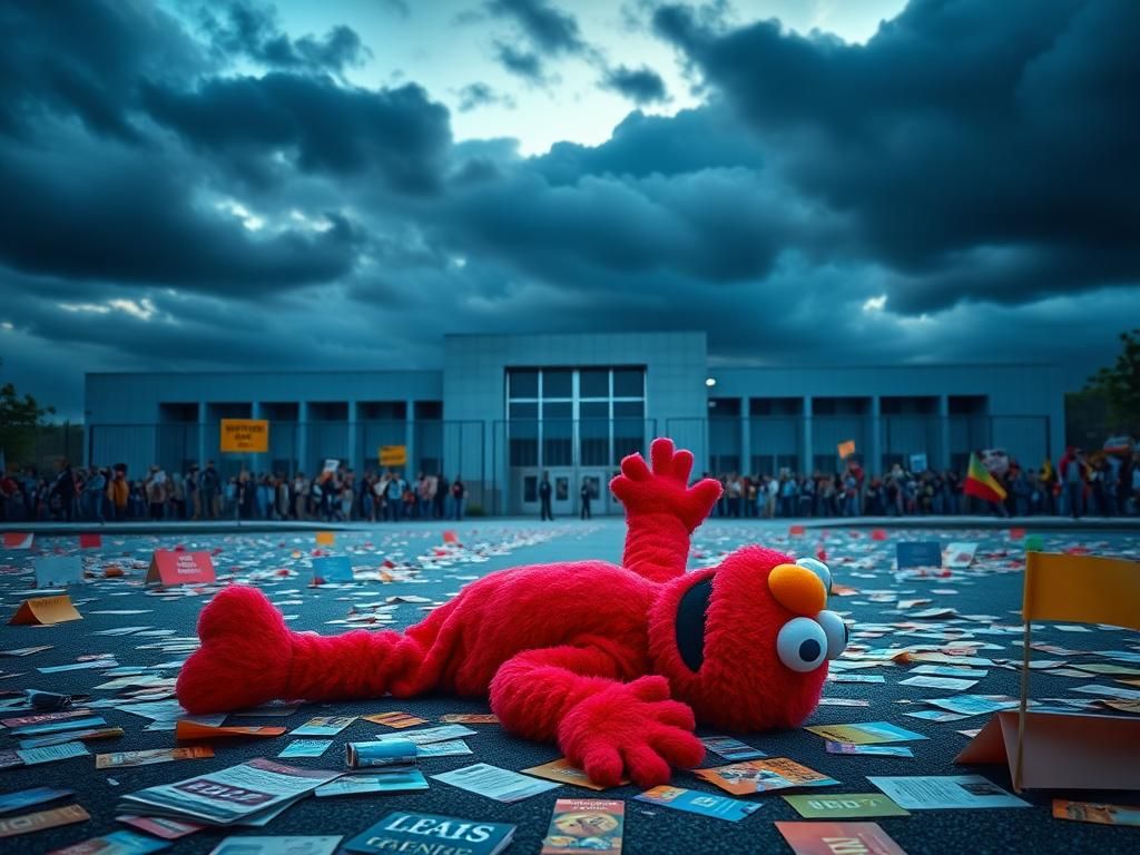 Flick International A person in a full-size Elmo costume lying on the pavement near a Portland detention facility during a protest