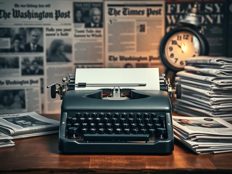 Flick International A close-up of an old-fashioned typewriter on a rustic wooden desk surrounded by newspapers