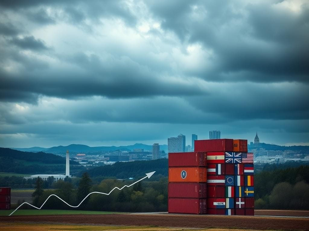 Flick International Dramatic landscape of Scottish countryside transitioning to Washington D.C. skyline with symbols of global trade and economic fluctuation