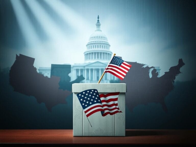 Flick International Abstract representation of American citizenship and democracy featuring a ballot box with the American flag