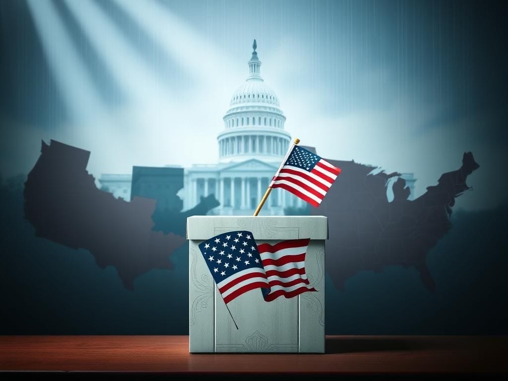 Flick International Abstract representation of American citizenship and democracy featuring a ballot box with the American flag