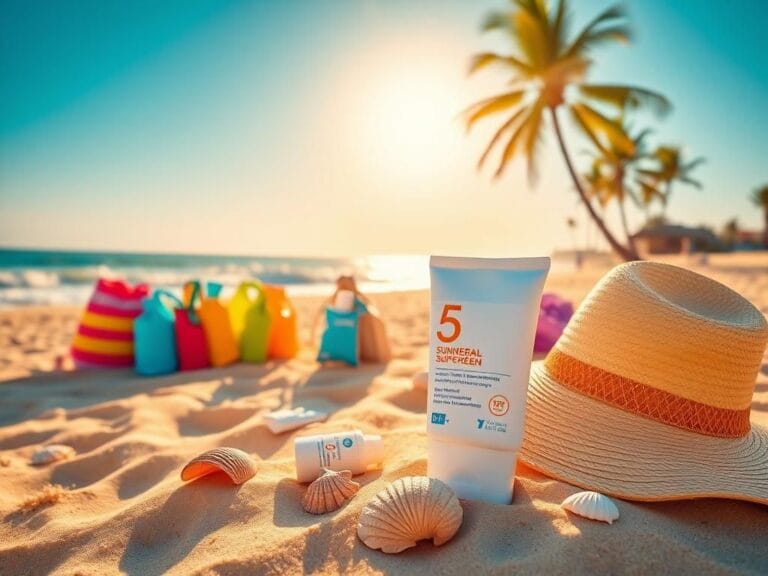 Flick International Vibrant beach scene with sunscreen bottles and beach accessories