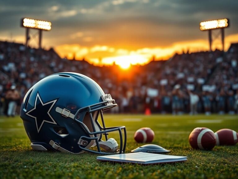 Flick International Close-up of a Dallas Cowboys helmet on a football field with passionate fans in the background