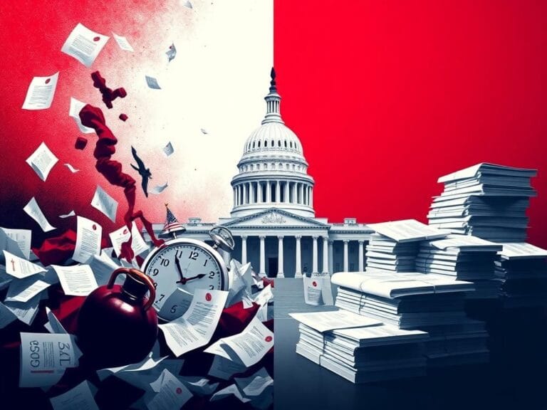 Flick International A split image illustrating the tension of government shutdown negotiations with chaotic legislation papers and a calm Capitol building.