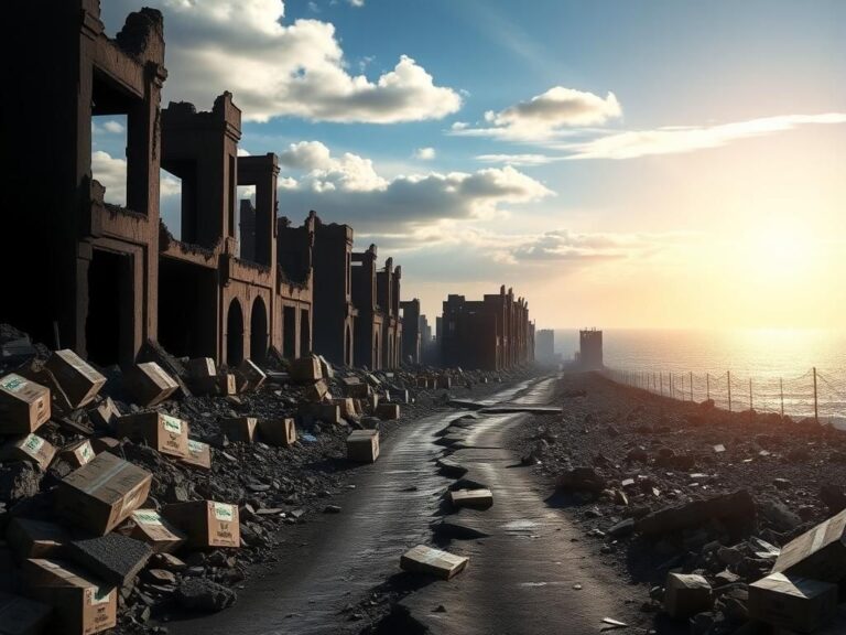 Flick International Abstract representation of a divided landscape symbolizing the Gaza conflict with shadowed ruins and a bright sky