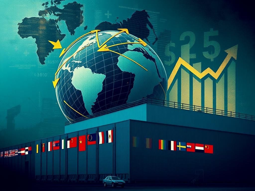 Flick International Abstract collage representing global trade dynamics with currency symbols and interest rate graph