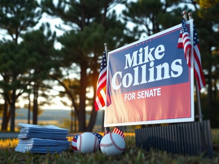 Flick International Close-up of a large campaign sign for Mike Collins against lush southern pine trees