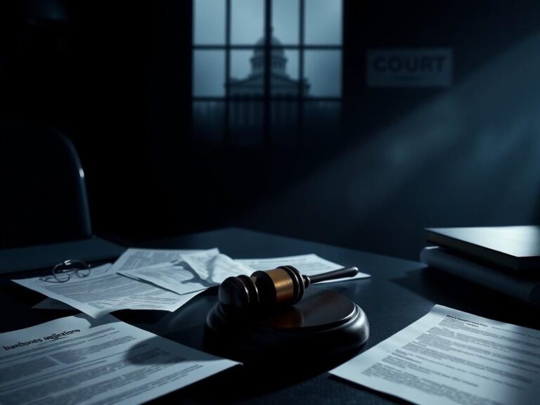 Flick International A dark, moody office scene with a gavel and crumpled legal documents conveying urgency in a murder case.
