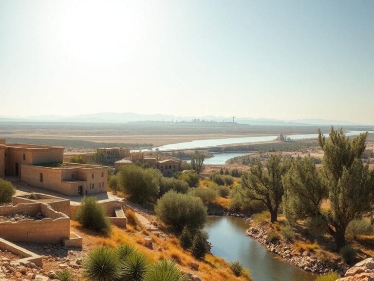 Flick International Wide-angle view of the Syrian landscape featuring ancient ruins and modern structures under a bright sky