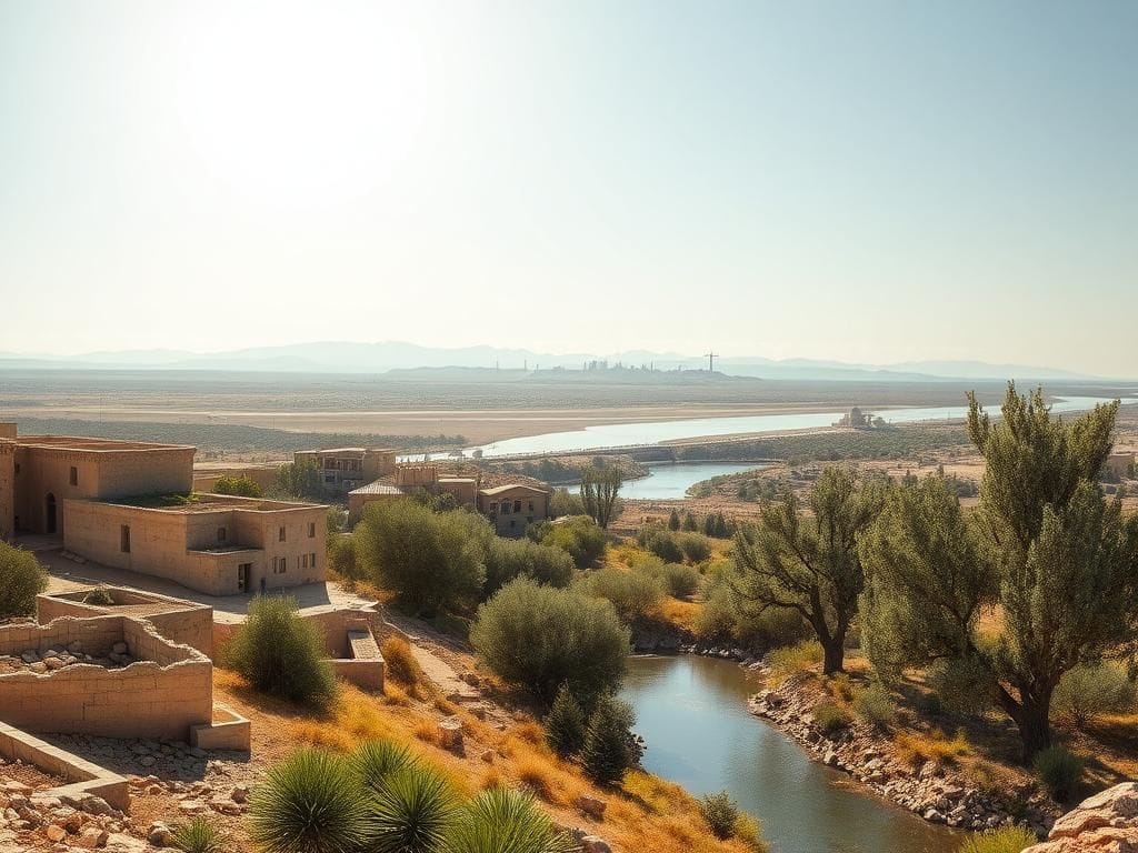 Flick International Wide-angle view of the Syrian landscape featuring ancient ruins and modern structures under a bright sky