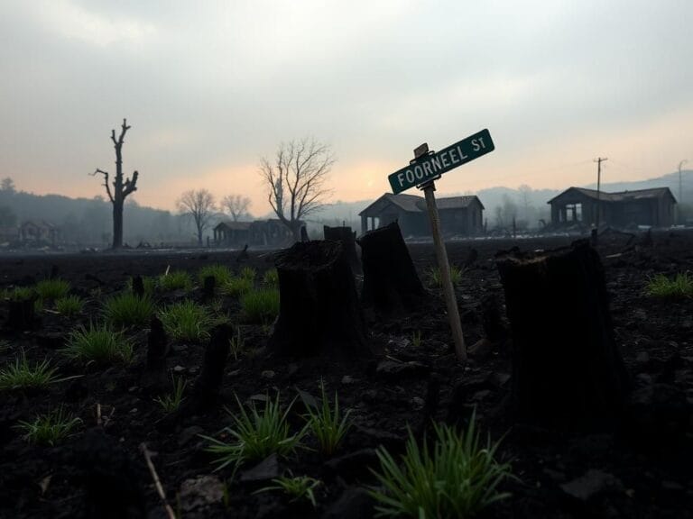 Flick International Charred landscape in Los Angeles after destructive wildfires showing blackened tree stumps and scorched earth