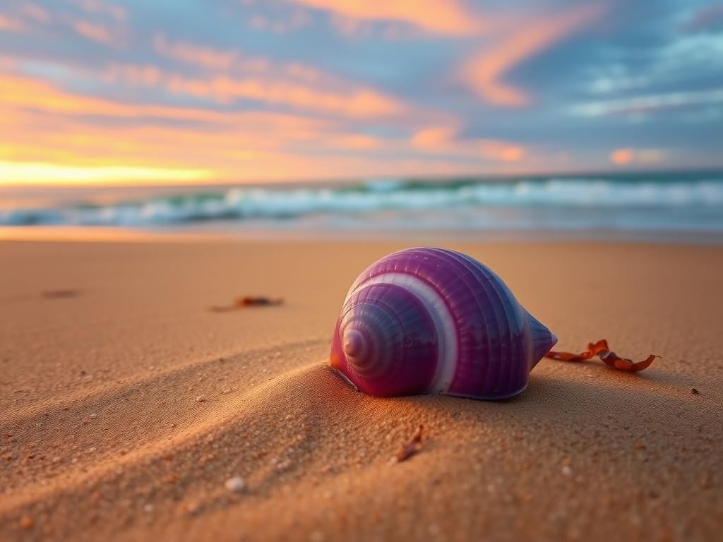 Flick International Vibrant purple Janthina sea snail shell resting on smooth golden sand at La Jolla beach during sunset
