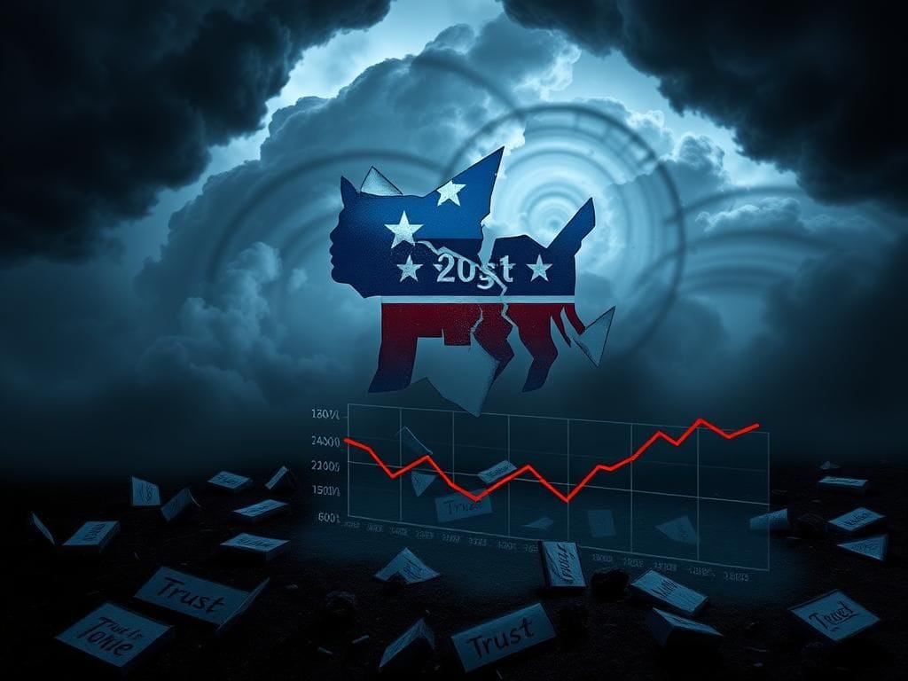 Flick International Cracked Democratic Party logo amidst storm clouds symbolizes political turmoil